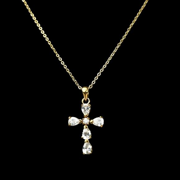 Cross Pendant Necklace Rhinestones Open Back Delicate Goldtone Chain Elegant 15" - Picture 4 of 15